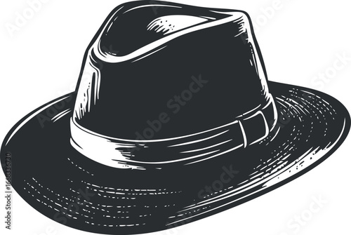 Black and white illustration of a classic fedora hat with a hatband, stylish vintage headwear