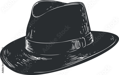 Black and white illustration of a classic fedora hat with detailed shading and texture
