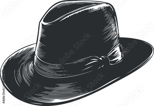 Black and white illustration of a classic fedora hat with detailed shading and texture