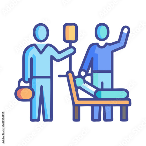 Hospital scene with doctor and patient, care and treatment