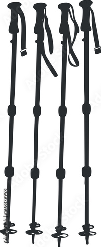 Silhouette of four adjustable trekking poles with handles and wrist straps for hiking and outdoor adventures