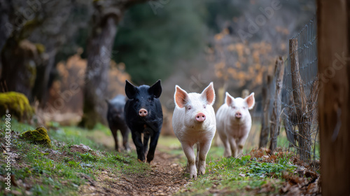 Sustainable farming practices promote healthy livestock like these pigs walking along rural path surrounded by nature beauty