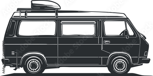 Side view illustration of a camper van with roof rack for travel and outdoor adventure purposes