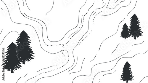 Topographic map showing contour lines and pine tree symbols representing forested areas and terrain elevation