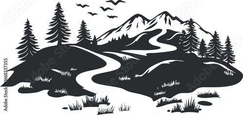 Black and white silhouette of a mountain landscape with pine trees, winding path, and birds flying