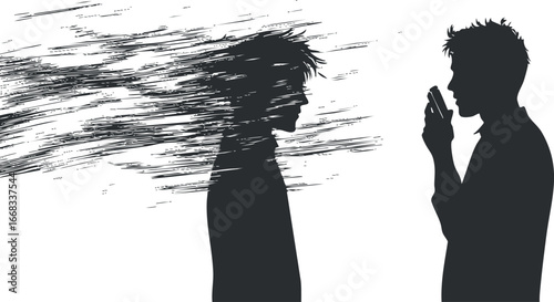 Silhouette of a man facing a fragmented and disintegrating profile of another person, artistic abstract design symbolizing conflict or psychological struggle.