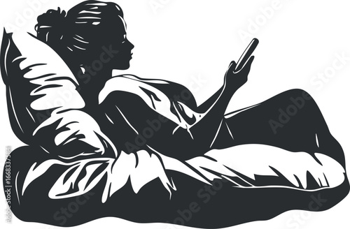 Silhouette of a woman lying in bed with pillows and blanket using a phone or tablet in a relaxed indoor setting