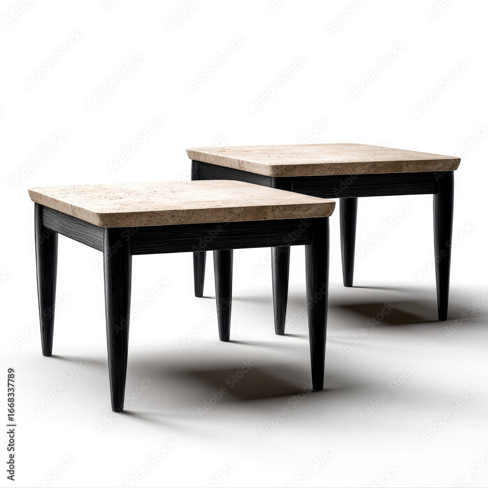 Fototapeta premium Pair of modern square side table, beige stone top, black wooden legs, minimalist style, clean white background, elegant, contemporary