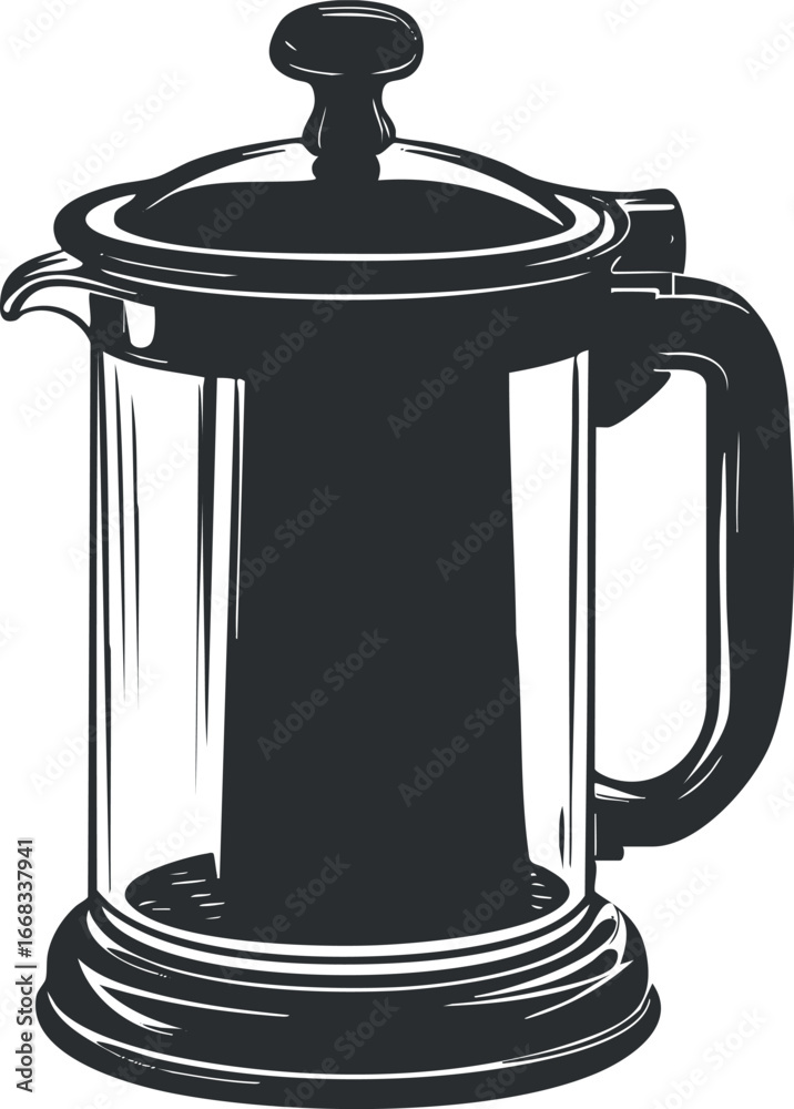 Fototapeta premium Black and white illustration of a French press coffee maker with lid and handle