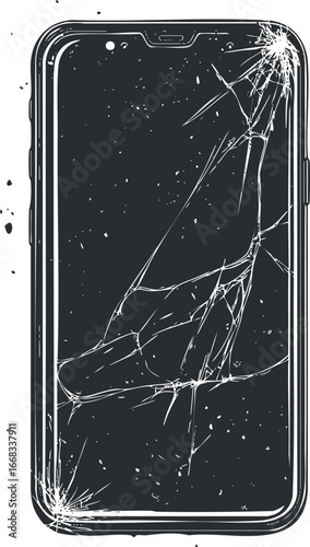 Black and white illustration of a smartphone with a shattered and cracked screen showing extensive damage