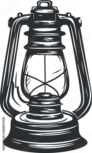 Black and white illustration of a vintage oil lantern with a handle and glass enclosure for light