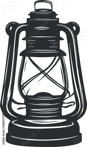 Black and white illustration of a vintage oil lantern with handle and glass enclosure