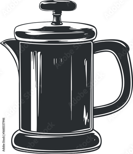 Black and white illustration of a French press coffee maker with handle and plunger for brewing coffee or tea.