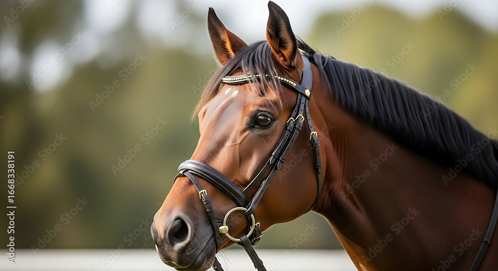 Obraz premium Beautiful brown horse head portrait with bridle outdoors.