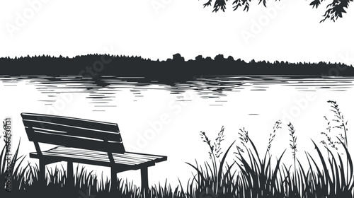 Silhouette of a bench by a calm lake surrounded by grass and trees in a peaceful natural setting