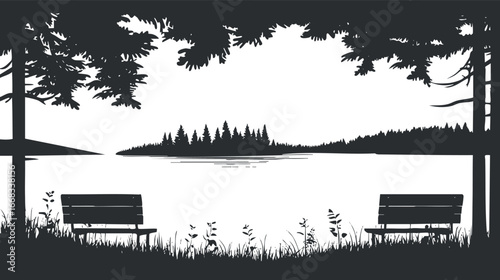 Silhouette of two benches facing a calm lake with an island and trees under leafy branches in a peaceful natural setting