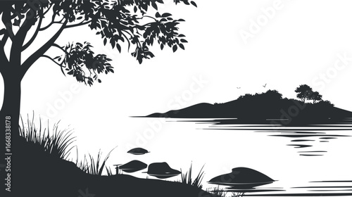 Silhouette of a tree and rocks on the shore with an island and calm water in the background