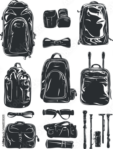 Collection of various backpacks, bags, hiking poles, and travel accessories in black and white illustration.
