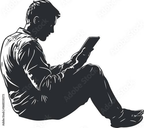 Silhouette of a man sitting and reading a tablet device in a relaxed posture