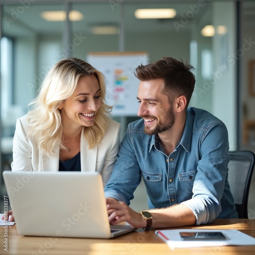 Wallpaper Mural Blonde woman smiles looking over man shoulder at laptop screen in bright office. Teamwork and learning moment. Collaborative business environment. Success and achievement. Torontodigital.ca