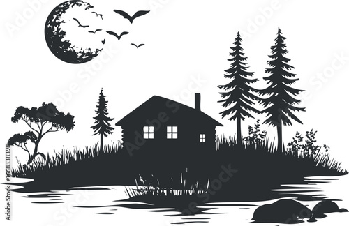 Silhouette of a cabin on a hill surrounded by pine trees and grass with a full moon and flying birds over a lake