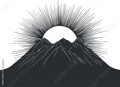 Black and white graphic illustration of a mountain range with the sun rising behind it emitting rays