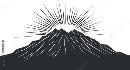 Black and white illustration of a mountain with sun rising behind it emitting long rays symbolizing dawn or sunrise in nature.