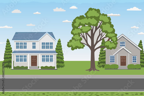 Cartoon Suburban Street Scene with Houses and Tree Vector