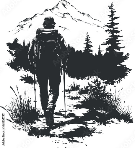 Silhouette of a hiker with backpack and trekking poles walking on a mountain trail surrounded by trees and nature.