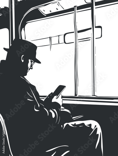 Monochrome silhouette of a man wearing a hat and glasses using a phone while seated on a bus by the window