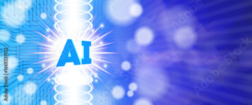 Vector abstract futuristic bright glowing radiant banner. Light flash, abbreviation AI, artificial intelligence. Computer chip, bokeh effect. Globalization of science and high technologies