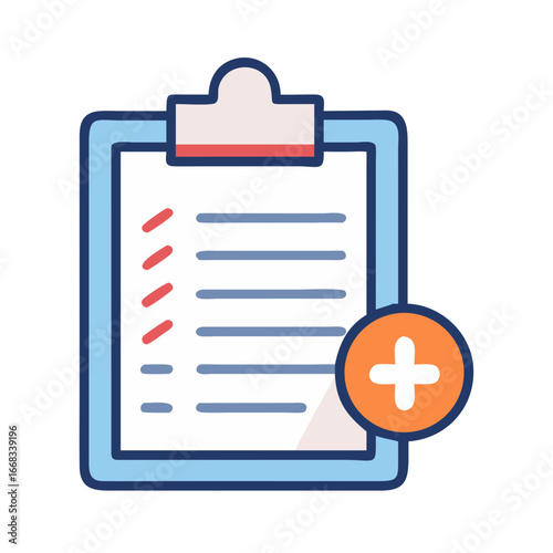 Clipboard with checklist and plus icon, flat style design