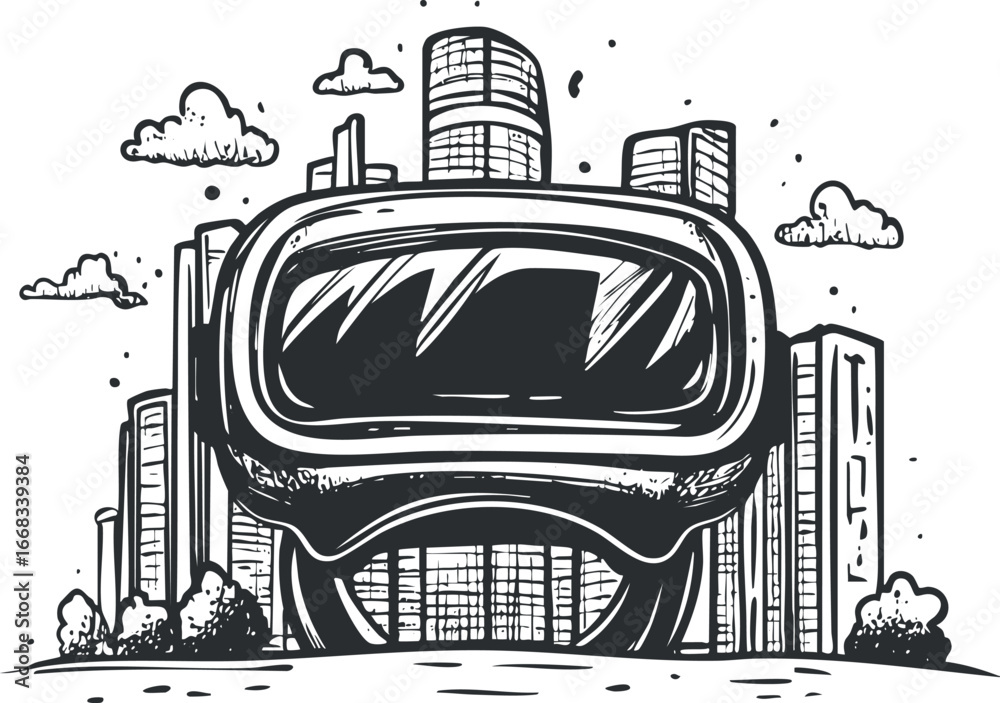 Obraz premium Black and white sketch of a virtual reality headset with a cityscape background and clouds