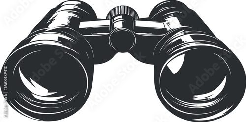 Black and white illustration of binoculars showing lenses for magnified distant viewing and observation