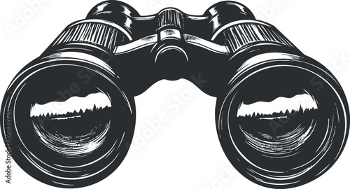 Black and white illustration of binoculars showing reflected forest and skyline for outdoor observation and exploration