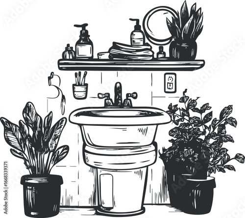 Black and white illustration of a bathroom sink surrounded by potted plants and toiletries on a shelf