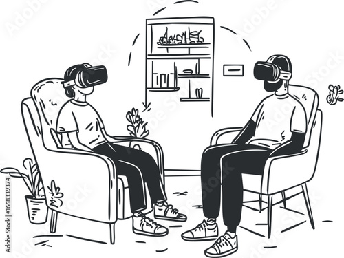 Two people sitting in chairs wearing virtual reality headsets interacting in a digital immersive environment
