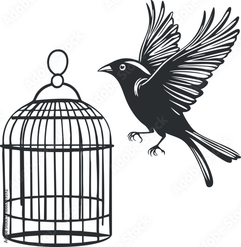 Black and white illustration of a bird flying near an open empty cage symbolizing freedom and escape.
