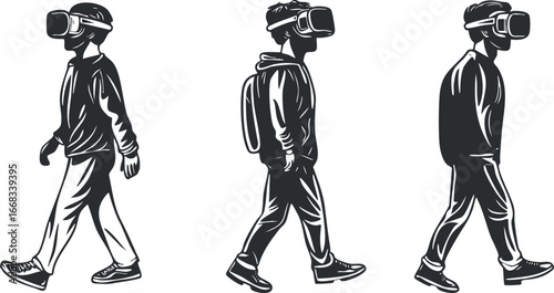 Monochrome illustration of three men walking while wearing virtual reality headsets experiencing digital simulations