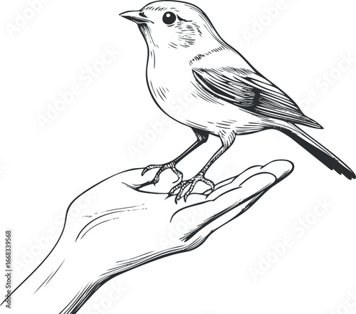 Black and white illustration of a small bird perched gently on a human hand showing connection with nature