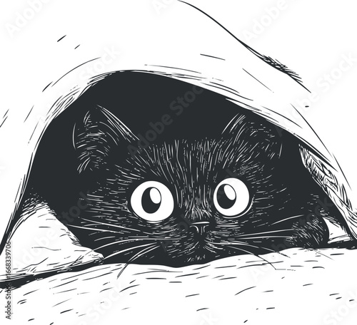 Black cat with large eyes peeking out from under a blanket in a cozy indoor setting