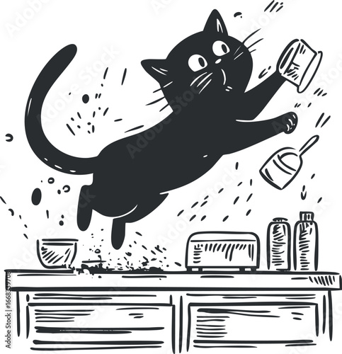 Black cat jumping on kitchen table causing a mess with spilled cup and objects