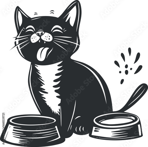 Black and white cartoon illustration of a playful cat sitting between two empty bowls sticking out its tongue.