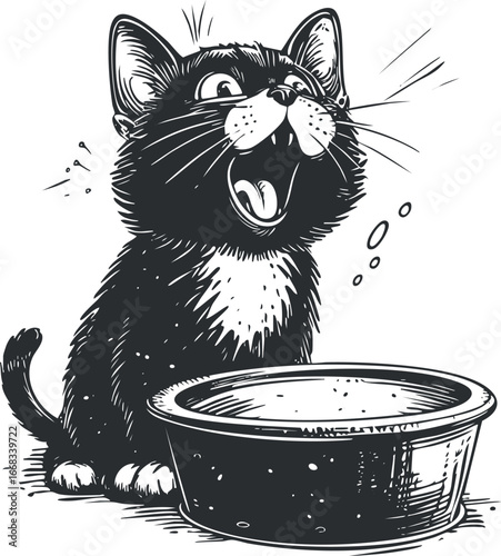 Black and white illustration of a happy kitten sitting next to an empty food bowl meowing with mouth open