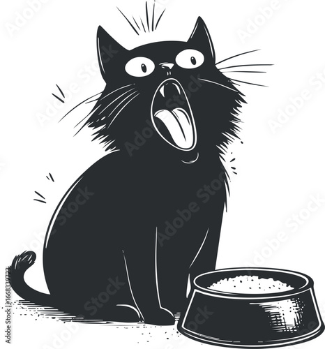 Illustration of a black cat sitting next to a food bowl with its mouth wide open yawning or meowing
