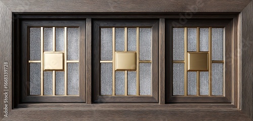 heritage ash window with security mesh, privacy film, metal inlays showing clean geometry.