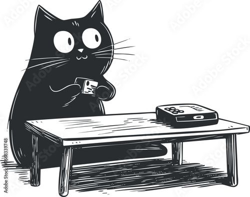 Cute black cartoon cat sitting at a low table playing a card game with expressive eyes