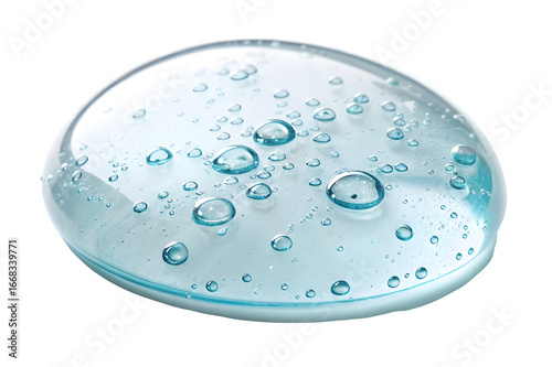 Close up of a clear glass marble with trapped air bubbles and aqua blue liquid isolated on transparent background