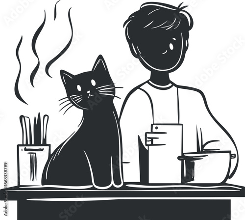 Black and white line art illustration of a person cooking with a cat sitting on the kitchen counter next to a steaming pot.