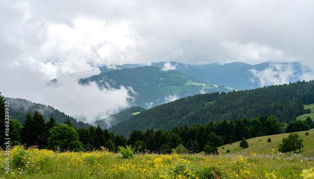 Fototapeta premium A sweeping vista of misty mountains, lush forests, and vibrant wildflowers.